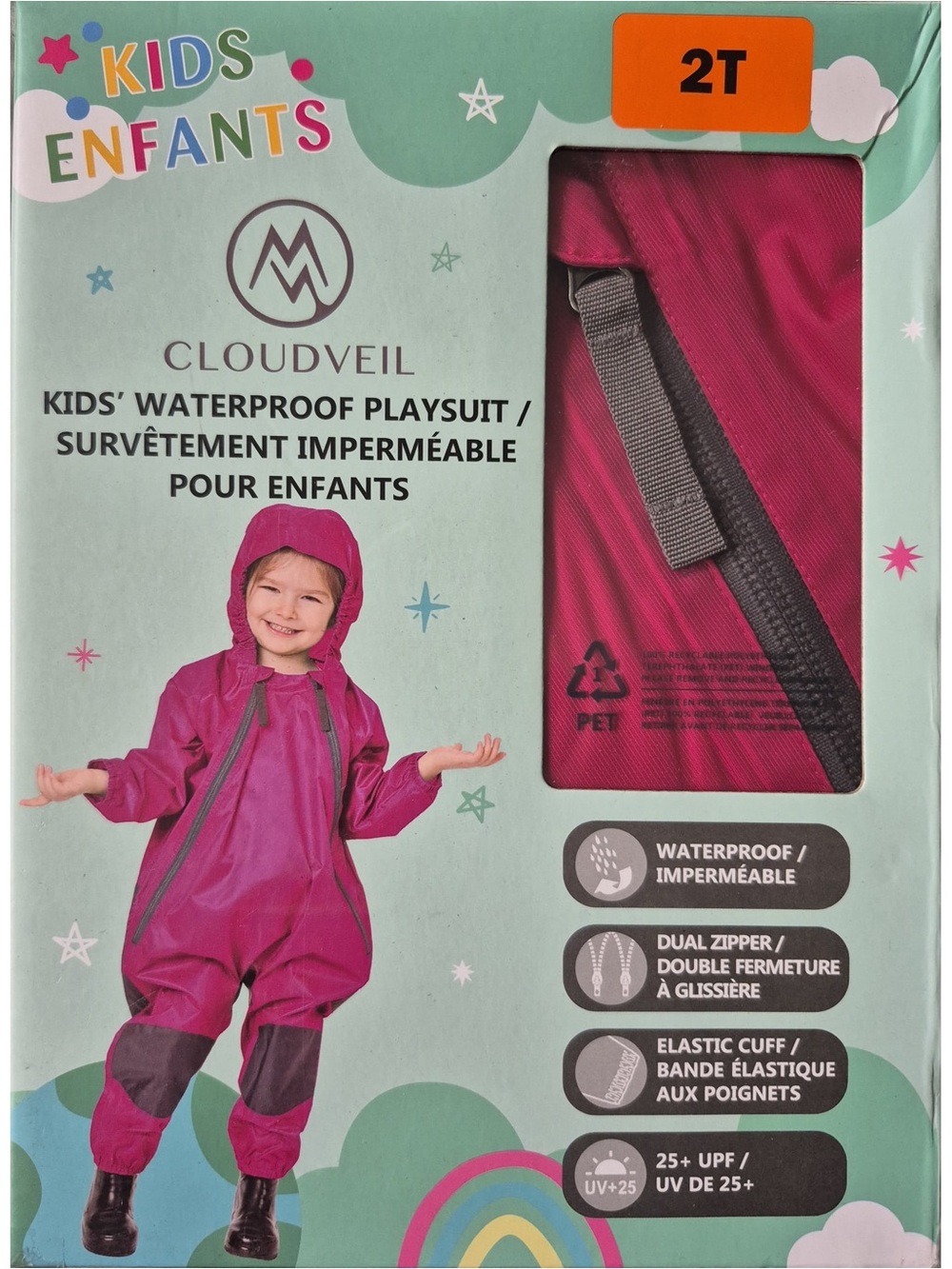 Kids Waterproof Playsuit Raincoat in Bright Pink (2T)